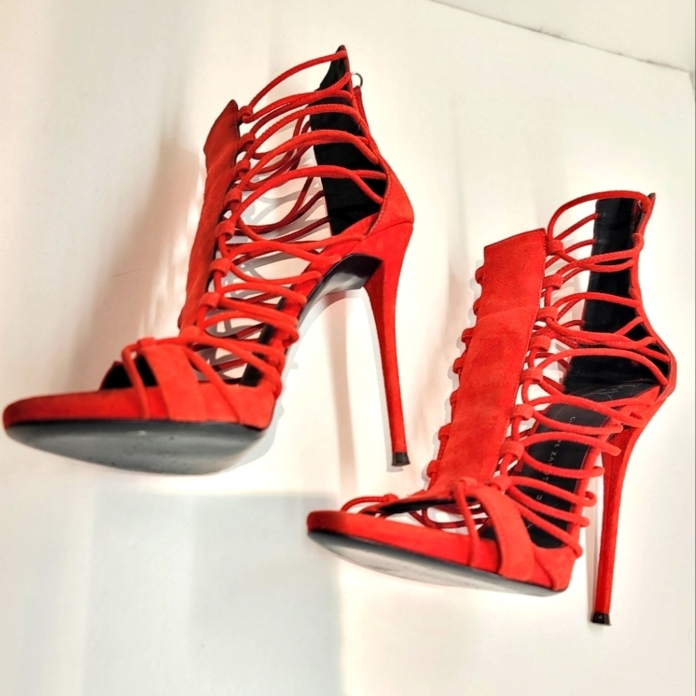 Giuseppe Zanotti Red Strappy Suede Stiletto Heels - Picture 2 of 14